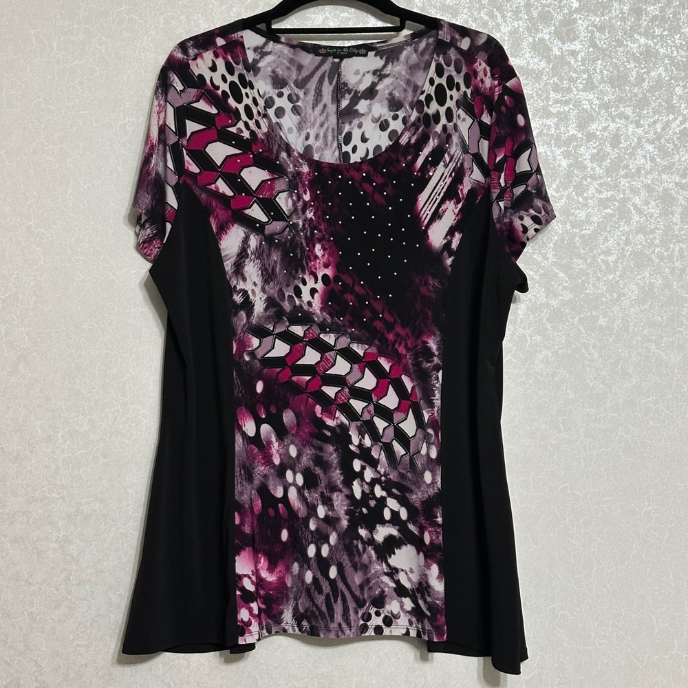 Suzie in the City Rhinestone Animal Print Tunic Top Purple Black Y2K Plus Sz 2X